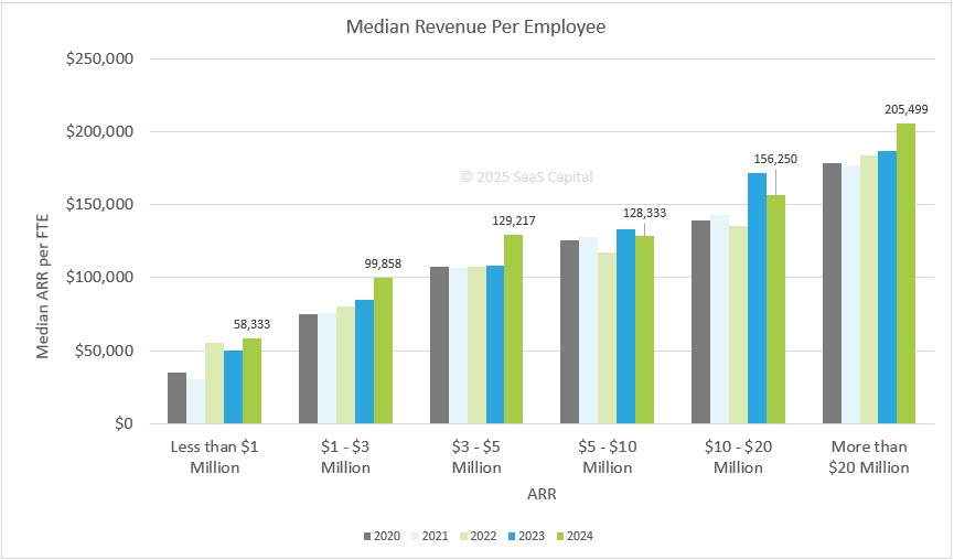 2025 Revenue Per Employee Benchmarks for Private B2B SaaS Companies
