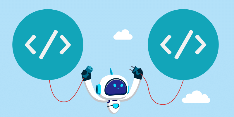 Cartoon robot floats in a blue sky, holding two large code symbol balloons by red strings, symbolizing IT automation amid clouds.