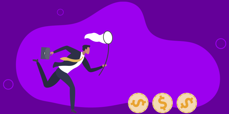 A businessperson in a suit runs with a briefcase and net, chasing three gold dollar coins against a purple background.