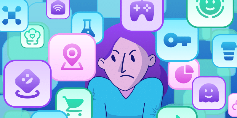 A concerned individual stands amid a swirl of vibrant app icons representing maps, shopping, games, and analytics charts; the crowded array conveys the complexity and overload associated with managing multiple SaaS applications.
