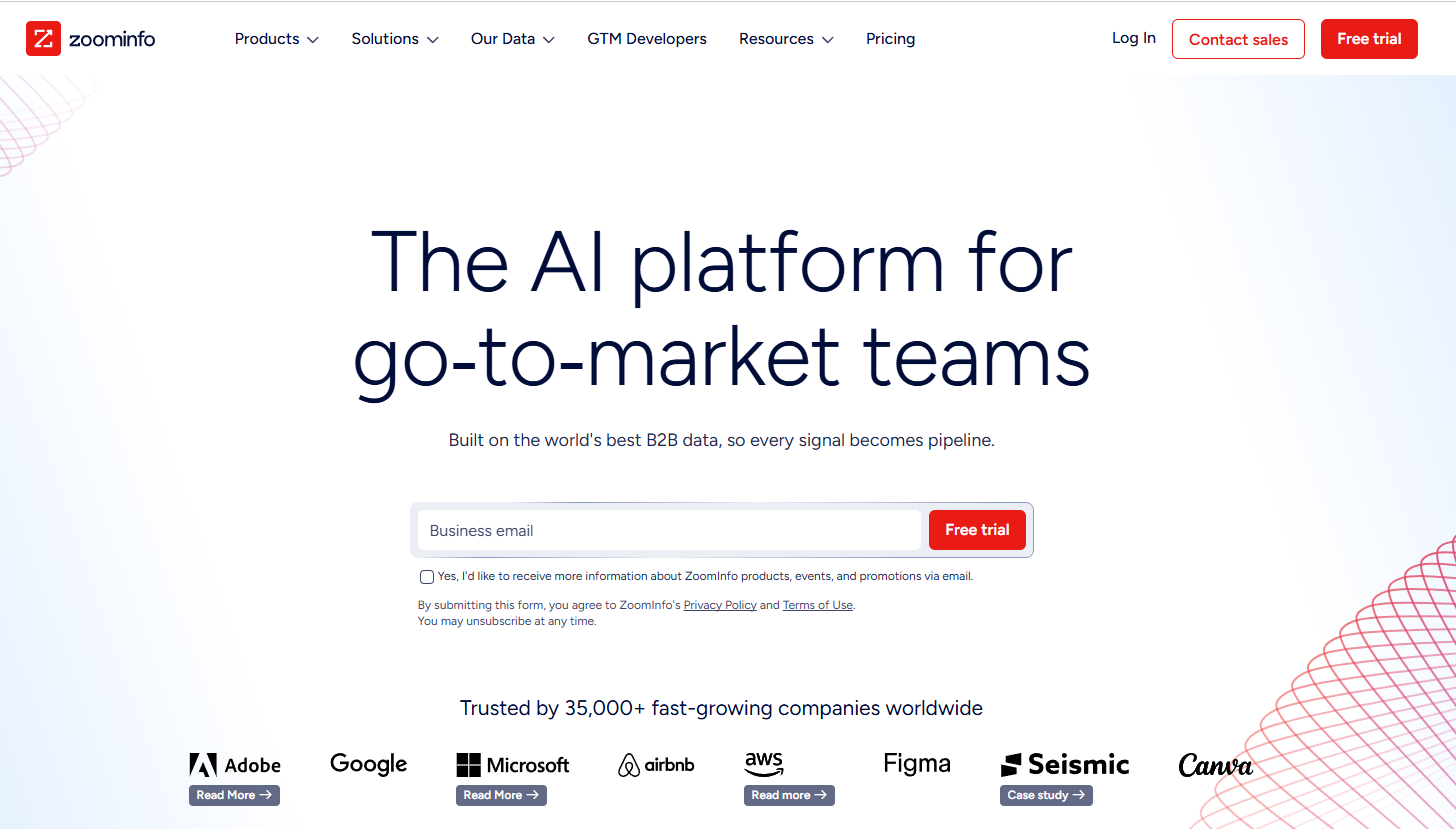 Landing page for Zoom Info. 
