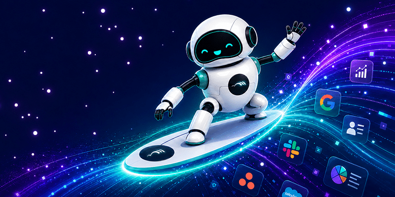 A small robot rides a digital wave among colorful app icons and glowing data streams on a dark, starry backdrop.