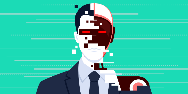 Person in a suit with half their face and body glitching robotically, representing human-AI integration and risks in AI governance.