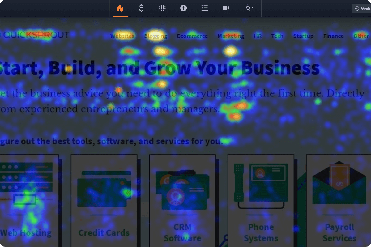 Crazy Egg click heatmap overlaid on a business homepage showing hot and cold zones.