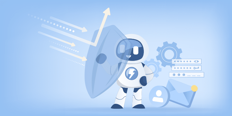 Robot with shield deflects arrows; gears, security symbols, and envelope behind represent cybersecurity and secure AI use in IT.