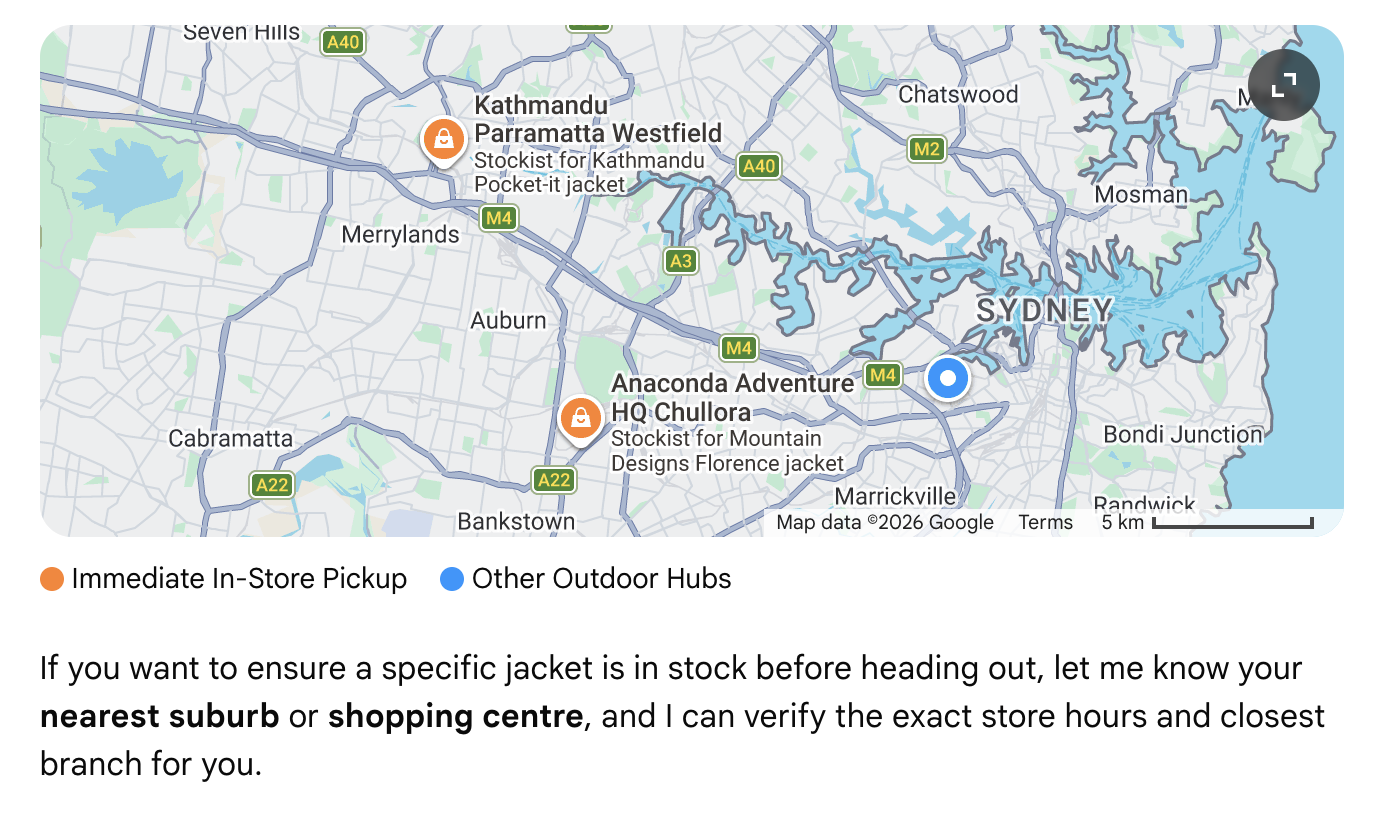 Map of Sydney showing jacket retailer pickup locations and outdoor gear hubs.