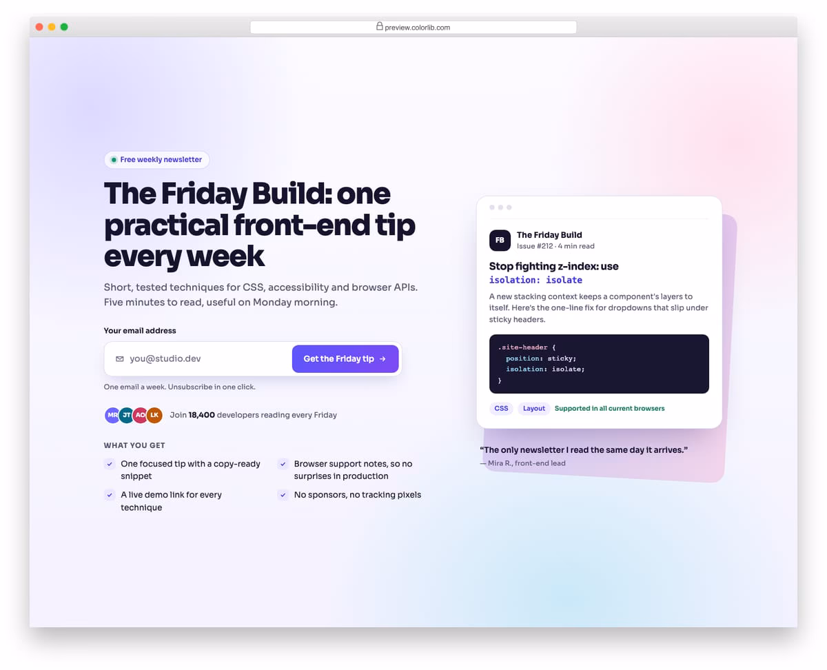 Newsletter Form V01: hero email capture with benefits list and sample issue preview